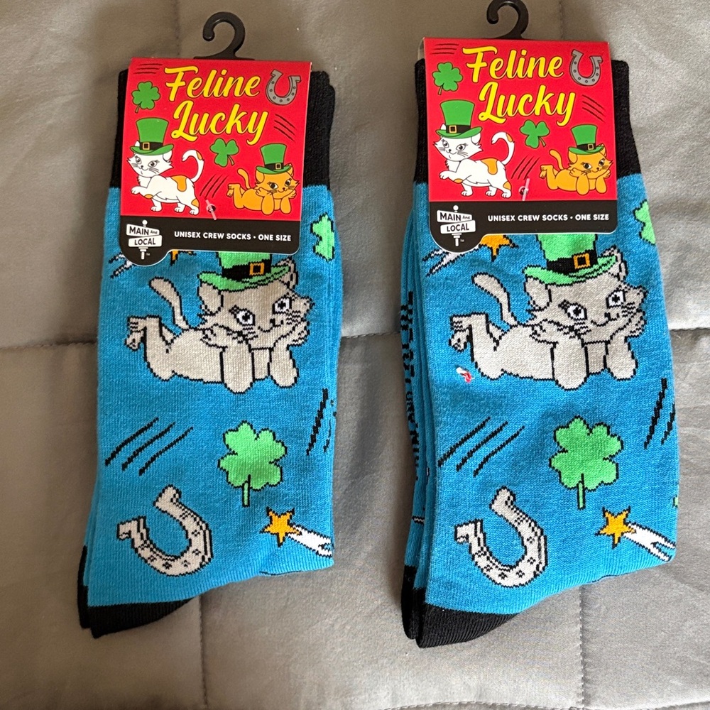 St Patrick’s day theme six Feline Lucky Cat Socks. Unisex one size fits all